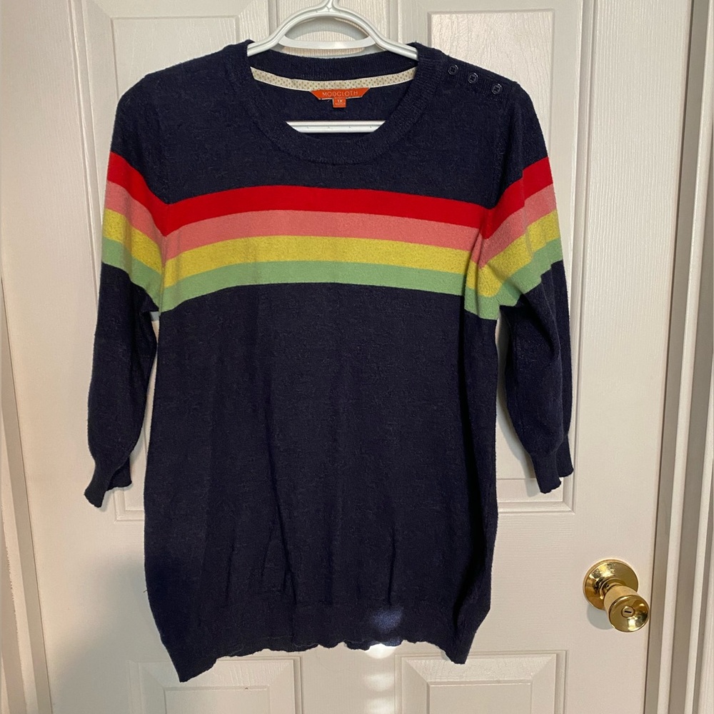 ModCloth 3/4 Sleeve Navy/Rainbow Sweater, Size 1X
